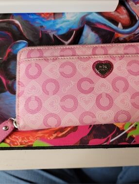 Coach Accordion Zip Pink Signature C Coated Canvas Wallet